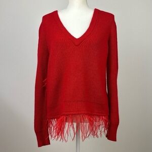 Saylor Juneau Red V-Neck Feather Trim Wool Blend Ribbed Knit Sweater Small